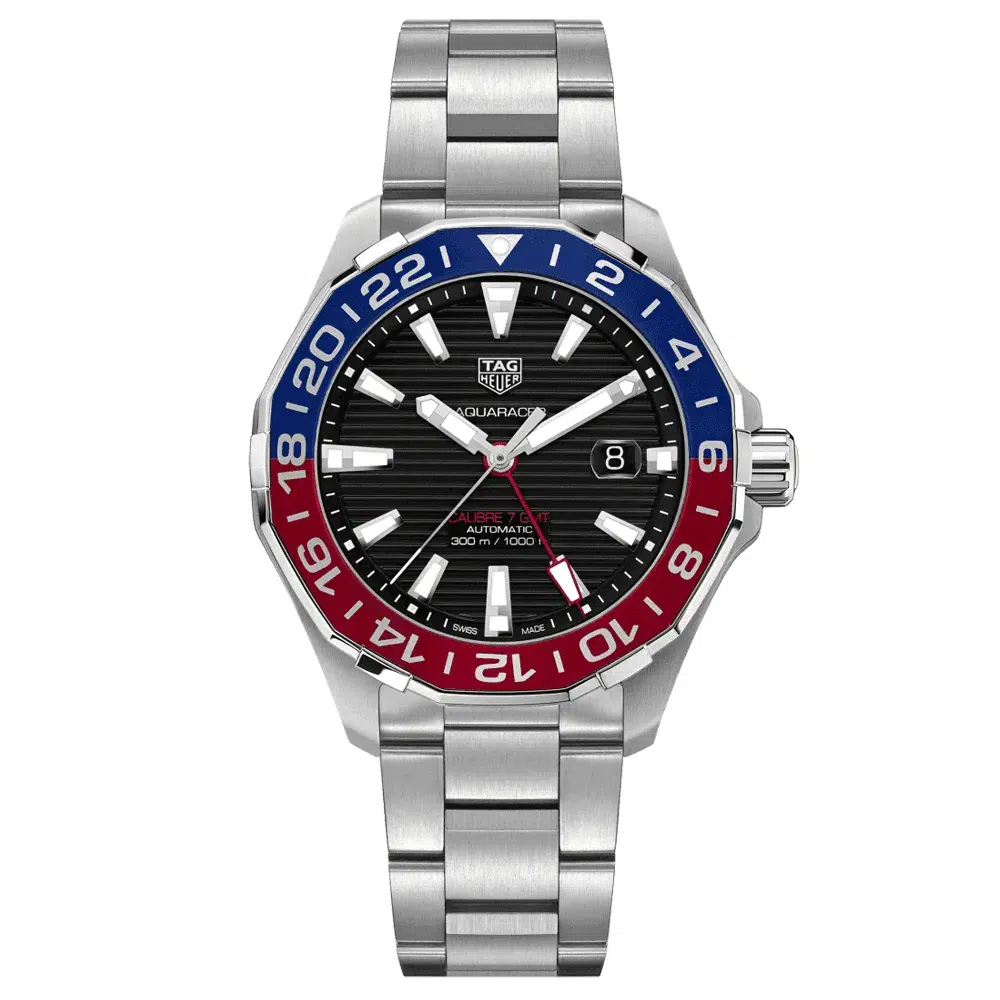 montre tag heuer aquaracer calibre 7 twin time 300m cadran noir lunette bleue et rouge bracelet acier 43 mm webp