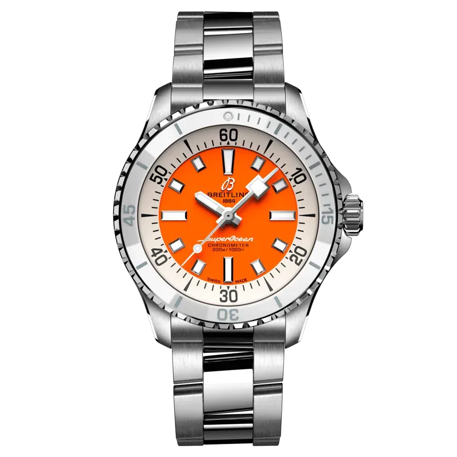 montre breitling superocean automatique cadran orange bracelet acier 36 mm webp