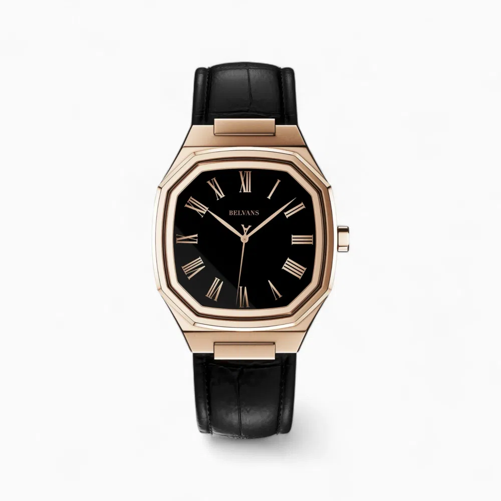 rose gold belvans heritage watch black strap png
