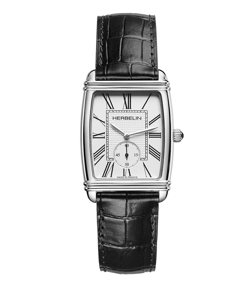 10638ap08 montre herbelin homme bracelet cuir facon croco noir chiffre romain modele rectangulaire haut de game webp