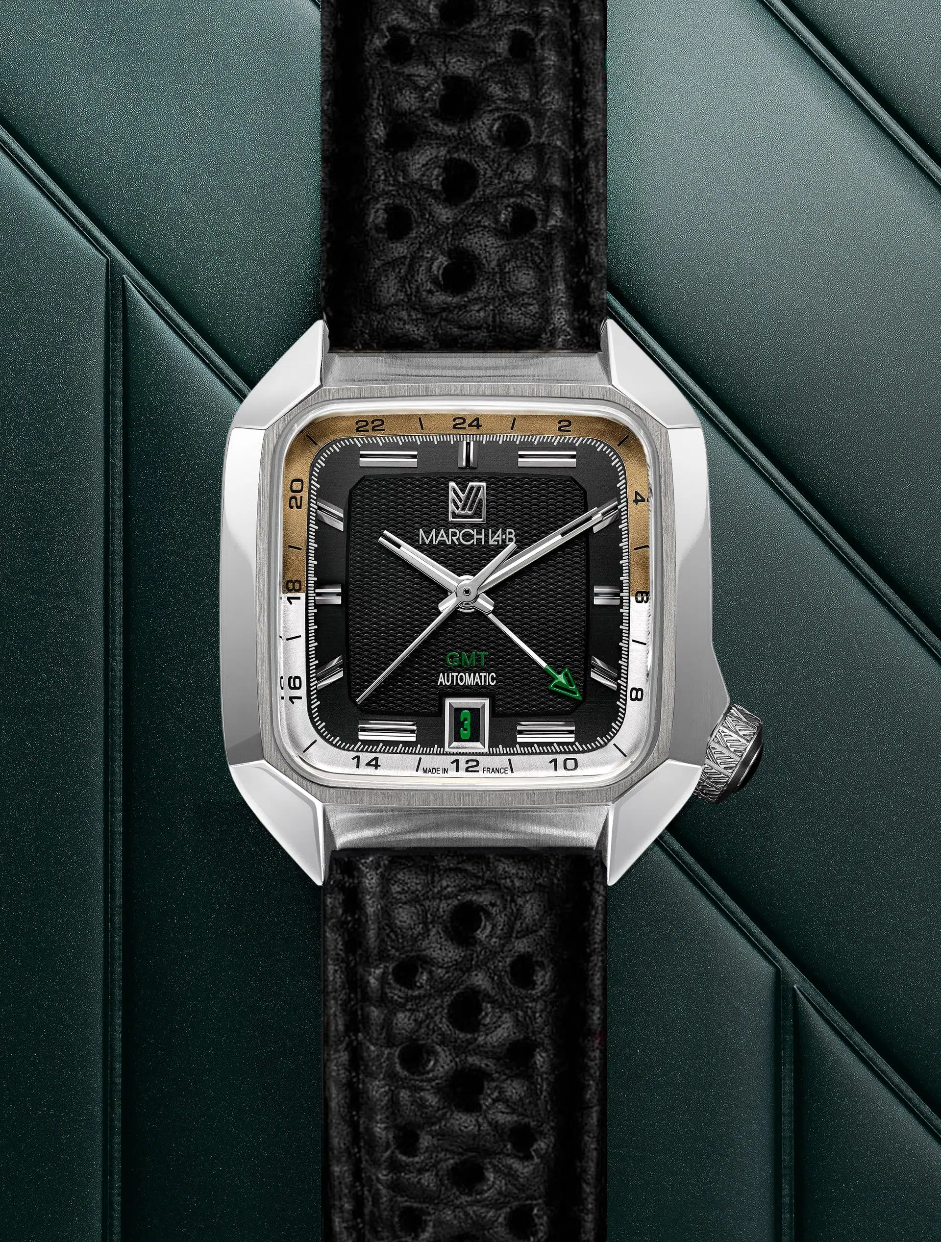 montre march lab am2 slim gmt automatique empire bison perfore noir
