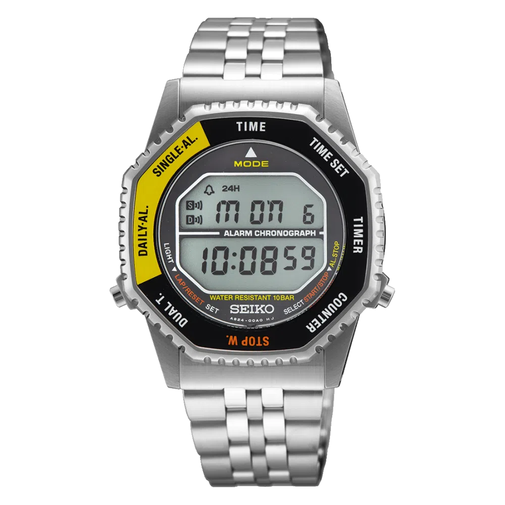 seiko montre homme quartz acier inoxydable digital alarme chronographe jaune jpg(2)